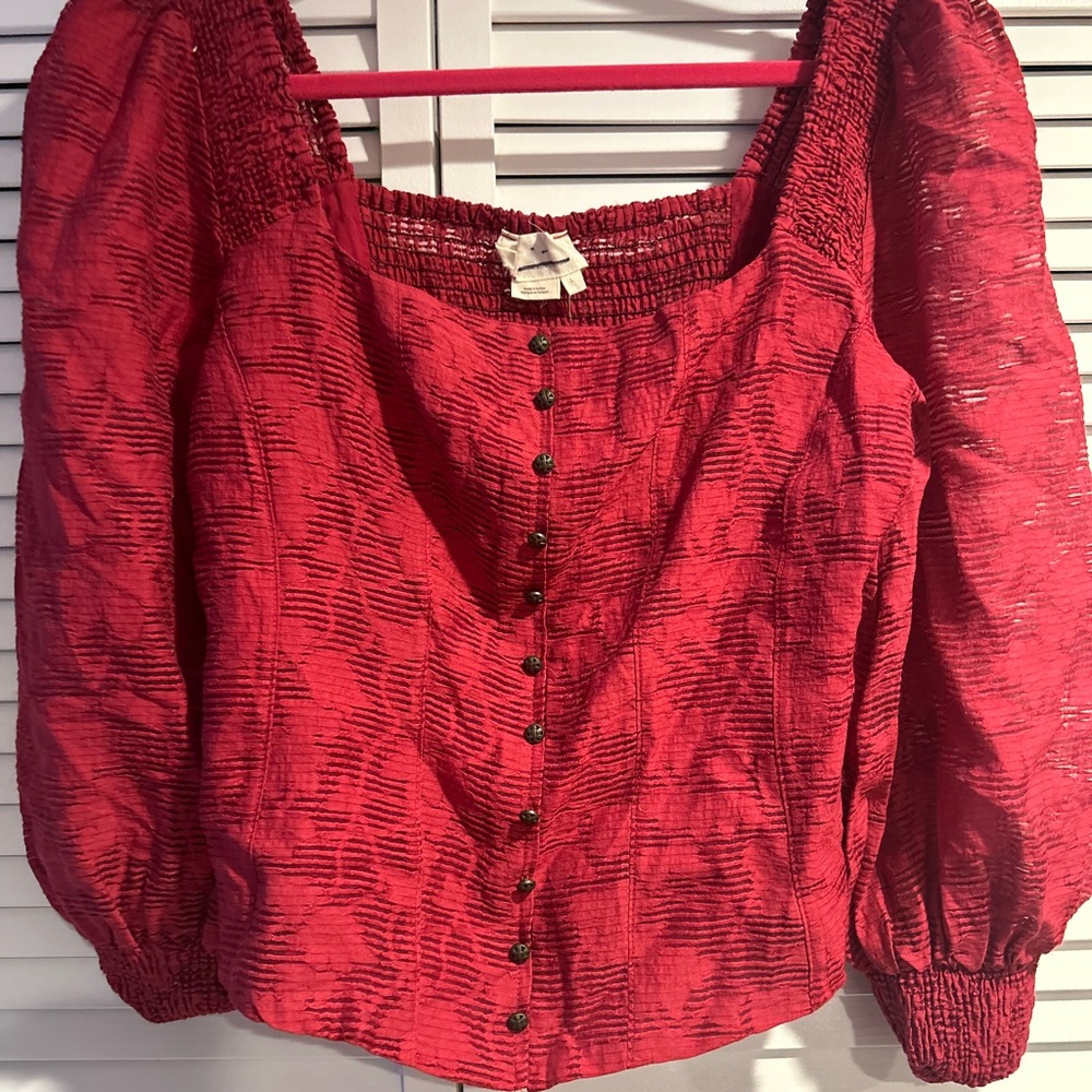 Red Smocked Puff Sleeve Blouse